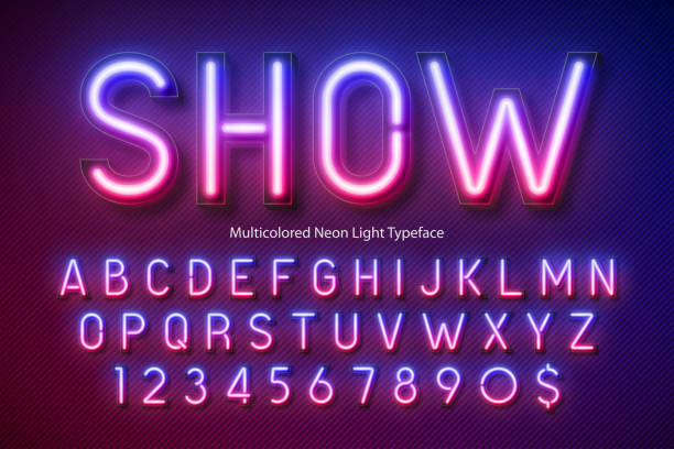 неоновый световой алфавит, разноцветный дополнительный светящийся шрифт - party lights stock illustrations