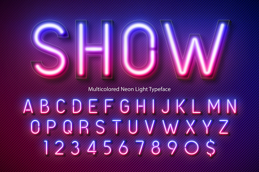 Neon light alphabet, multicolored extra glowing font. Exclusive swatch color control.