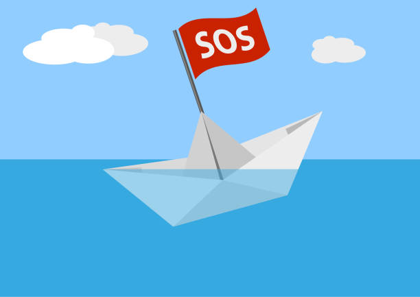 sinking paper boat on sea sinking paper boat on sea against blue sky vector illustration sos stock illustrations