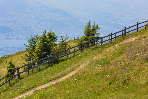 View on Mt. Rigi in Switzerland in summer. Mt Rigi is a popular tourist destination, accessible by mountain rack railway.