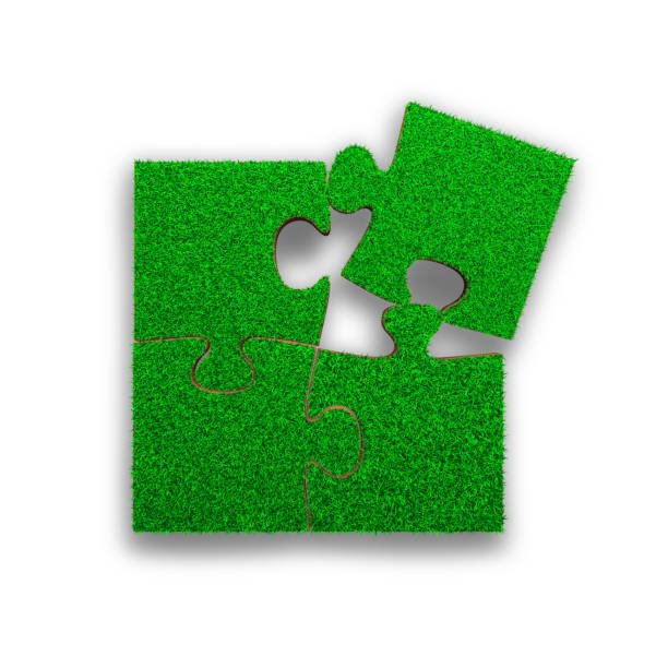 istock Four jigsaw puzzles with green grass, 3D illustration 1006739750