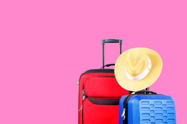 istock Red textile suitcase & blue hard shell luggage with straw hat hanging on extended telescopic handle, bright solid pink wall background. Couples retreat trip concept. Close up, copy space. 1006744244