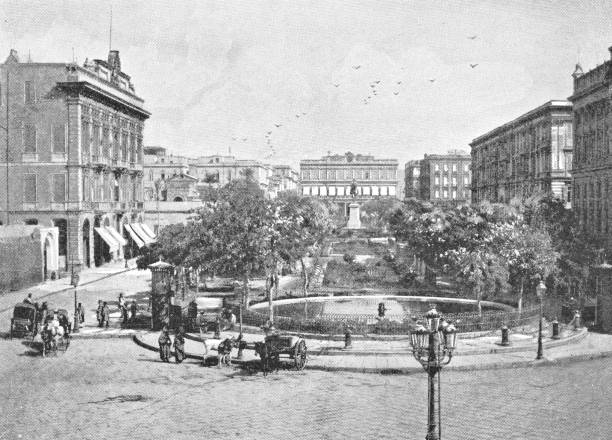 Tahrir Square in Alexandria, Egypt. Vintage halftone etching circa late 19th century.
