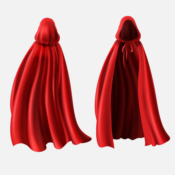 Vector realistic set of red cloaks with hoods Vector realistic set of red cloaks with hoods isolated on white background. Carnival clothes, fancy dress, masquerade costume for superhero, vampire. Mockup with silk capes, front and back view hood stock illustrations