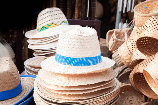 istock Handmade hats woven from bamboo hats arrangement on market 1006749224