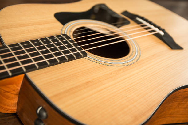 Acoustic guitar on wood background