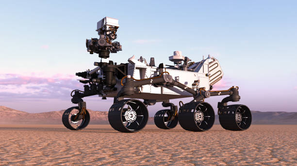 istock Mars Rover, robotic space autonomous vehicle on a deserted planet with hills in background, 3D render 1006754422
