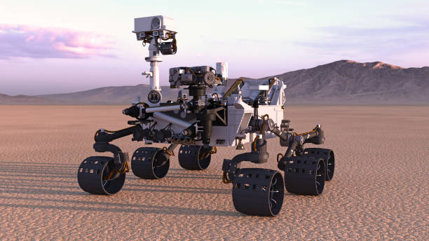 Mars Rover, robotic space autonomous vehicle on a deserted planet with mountains in background, 3D render Mars Rover, robotic space autonomous vehicle on a deserted planet with mountains in background, 3D rendering unmanned spacecraft stock pictures, royalty-free photos & images