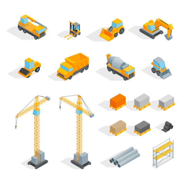 Construction Signs 3d Icons Set Isometric View. Vector Construction Signs 3d Icons Set Isometric View Include of Truck, Crane, Excavator, Bulldozer and Machine. Vector illustration of Icon tower crane stock illustrations