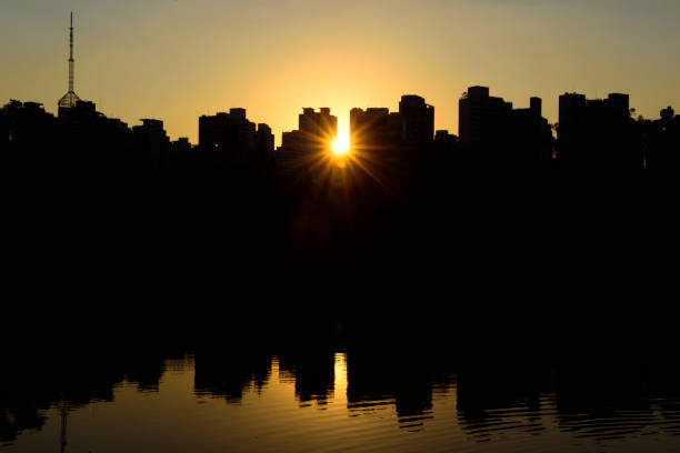 Sunset over the lake of the Aclimação park in the city of São Paulo in Brazil
