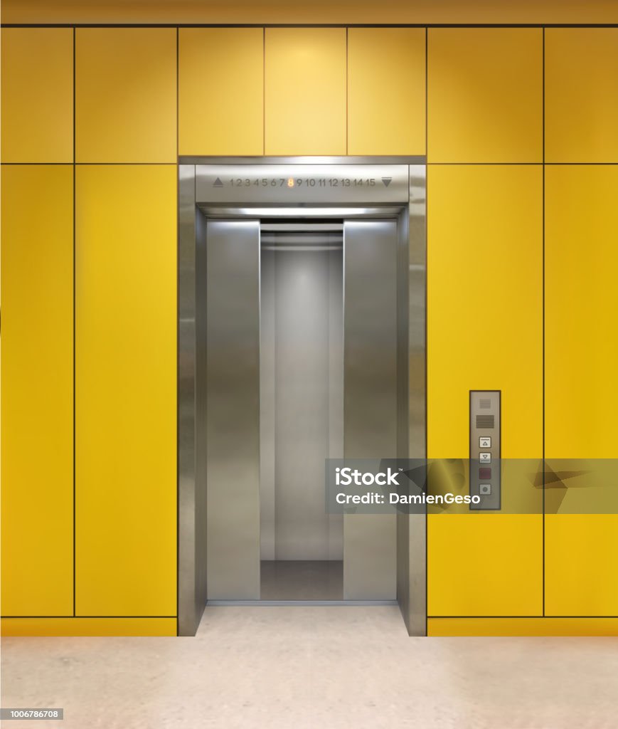 Chrome metal office building elevator doors. Open and closed variant. Realistic vector illustration yellow wall panels office building elevator Chrome metal office building elevator doors. Open and closed variant. Realistic vector illustration yellow wall office building elevator. Elevator stock vector