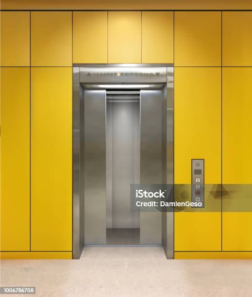 Chrome Metal Office Building Elevator Doors Open And Closed Variant Realistic Vector Illustration Yellow Wall Panels Office Building Elevator Stock Illustration - Download Image Now