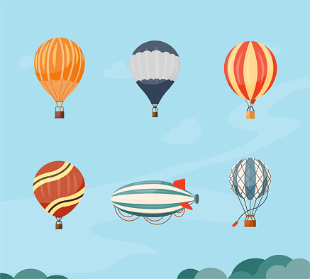 Hot air balloons and airship vector illustration travel. Summer ballooning adventure cartoon hotair freedom