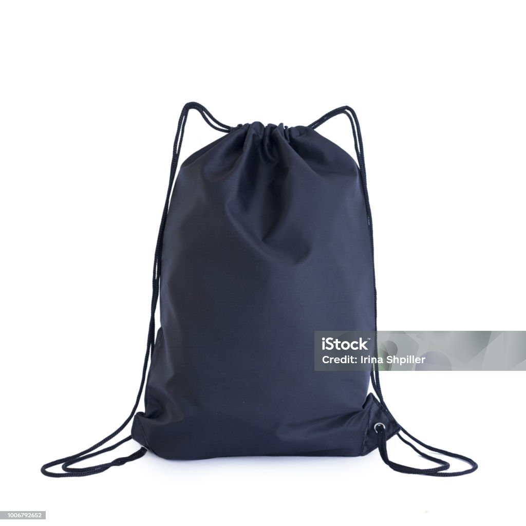 Negro plantilla de paquete de lazo, bolsa para zapatos de deporte aislados en blanco - Foto de stock de Mochila - Bolsa libre de derechos