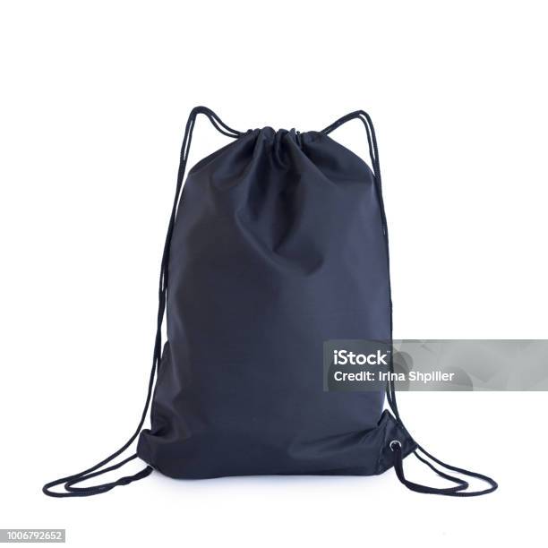 Negro Plantilla De Paquete De Lazo Bolsa Para Zapatos De Deporte Aislados En Blanco Foto de stock y más banco de imágenes de Mochila - Bolsa