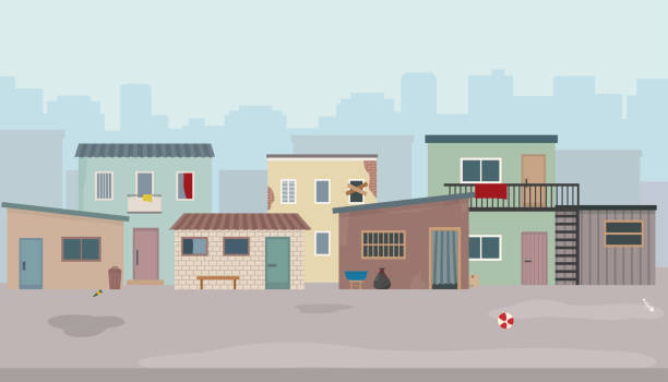illustrazioni stock, clip art, cartoni animati e icone di tendenza di bidonville. capanne e vecchie case in rovina per strada. - povertà asia