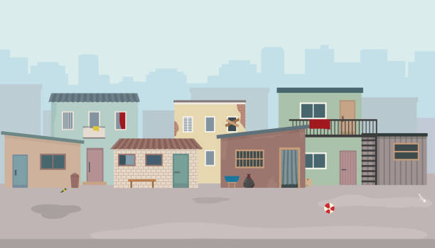 Slum. Huts and old ruined houses at the street. Slum. Huts and old ruined houses at the street. Flat style vector illustration. hut stock illustrations