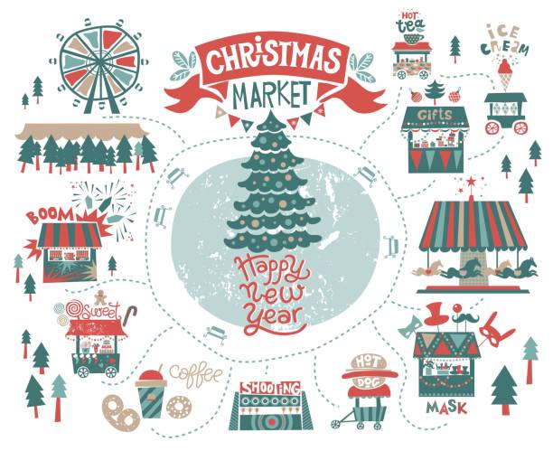 markt, messe, winter weihnachtsfestival set. happy new year-inschrift - weihnachtsmarkt stock-grafiken, -clipart, -cartoons und -symbole