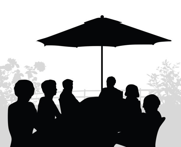 Backyard Garden Patio Vector silhouette people sitting around the table outside in the backyard person sitting on fence stock illustrations