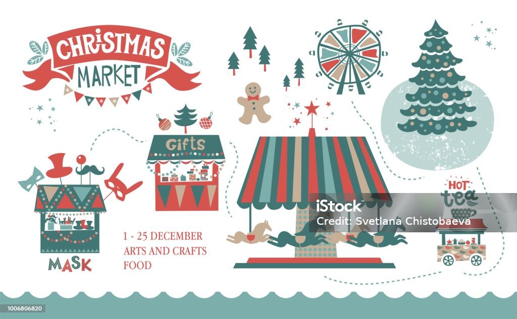 Christmas market illustration Christmas market illustration. Winter time. Merry Christmas and Happy New Year on amusement park, winter market, festival, fair. Christmas tree, shops with gifts, a Ferris wheel, carousel with horse Christmas Market stock vector