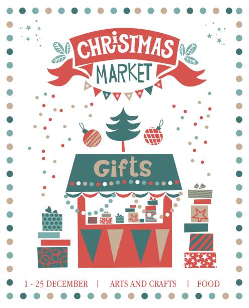 Christmas market illustration. Gifts shop Christmas market illustration. Gifts shop. Mountains of gifts, gifts in boxes, garlands, Christmas decorations, Christmas tree, confetti. For posters, postcards, banners, social media exhibition illustrations stock illustrations