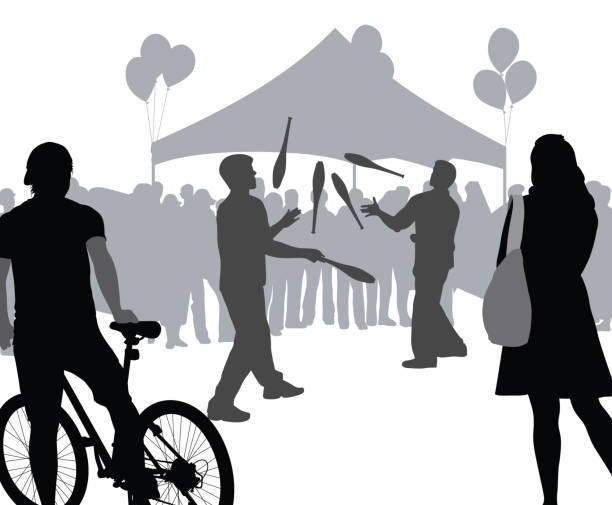 ilustraciones, imágenes clip art, dibujos animados e iconos de stock de festival de performance de malabares - juggling silhouette performer performance
