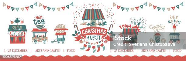 Christmas Market Illustration Merry Christmas And Happy New Year On Amusement Park Winter Market Festival Fair Stock Illustration - Download Image Now