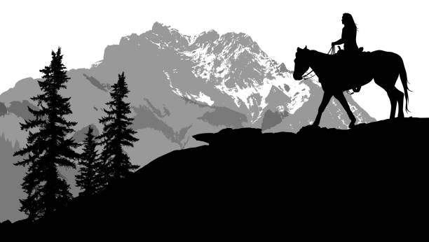 산악 승마 모험 - mountain mountain range rocky mountains silhouette stock illustrations