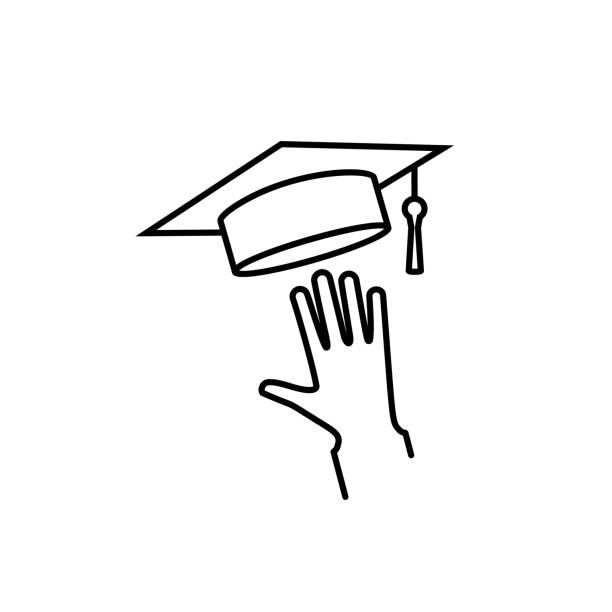 Graduating minimal black line icon. Graduating minimal black line icon. Graduate throwing graduation hat in the air. Concept of education.Flying academic hats.Ceremony of finish off educational institution. Vector illustration. happy end stock illustrations