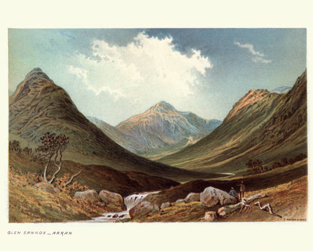 Glen Sannox, Isle of Arran, Scotland, 19th Century Vintage engraving of a landscape of Glen Sannox, Isle of Arran, Scotland, 19th Century retro landscape stock illustrations