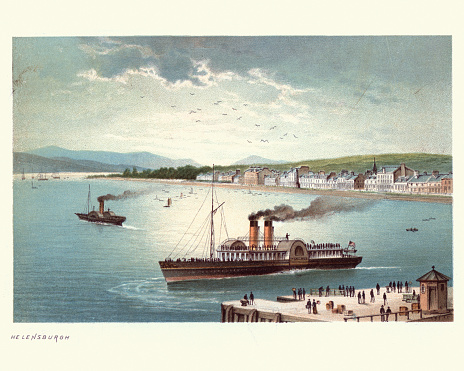 Vintage engraving of a Steam paddleboat off Helensburgh,  Scotland, 19th Century. Helensburgh is a town within the Helensburgh and Lomond Area of Argyll and Bute Council, Scotland.