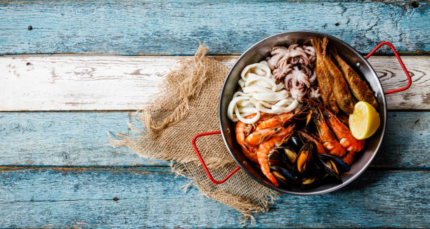 Seafood assorted platter - Prawn Shrimp, Mussels Clams, Squid rings, Octopus mini, roast Mullet
