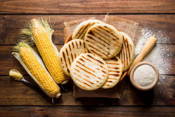 One of the dishes of the traditional Latin American cuisine, arepas of pre-cooked corn stock photo