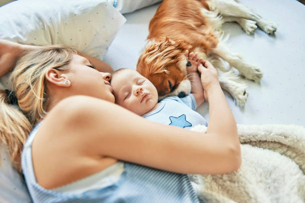 mother napping with her baby and puppy