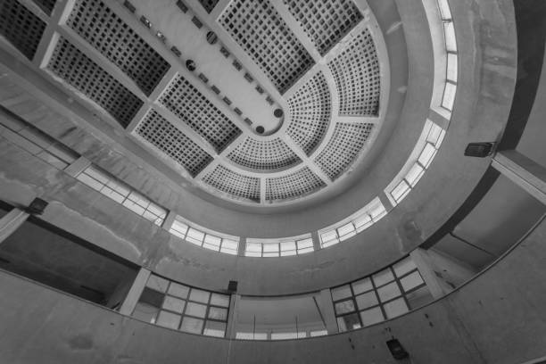 HAIFA, ISRAEL - JULY 20, 2018: Interior view of the historic Talpiot market building, built in international (Bauhaus) style, in Hadar HaCarmel neighborhood, Haifa, Israel