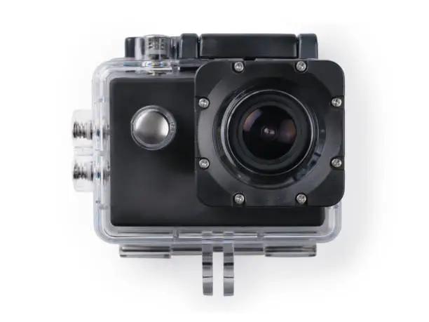 Action camera in water box front view. Isolated on white, clipping path included