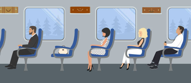 Passengers in the train car Passengers in the train car. Young women and men are sitting in blue armchairs and looking out the window. There are also suitcases on the shelves in the picture. Vector flat illustration train interior stock illustrations
