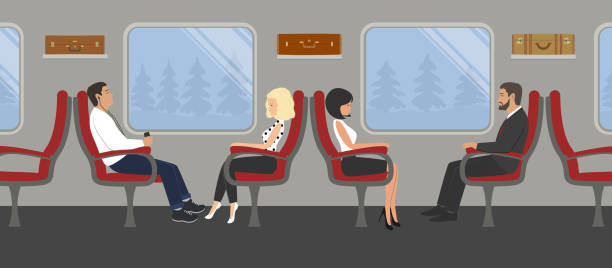 Passengers in the railroad car Passengers in the railroad car. Young women and men are sitting in red armchairs and looking out the window. There are also suitcases on the shelves in the picture. Vector illustration train interior stock illustrations