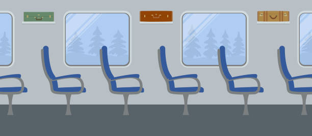 Interior of the train. Places in the train car Interior of the train. Places in the train car. There are blue armchairs, windows, suitcases on the shelves in the picture. Outside the window are the trees. Vector train interior stock illustrations