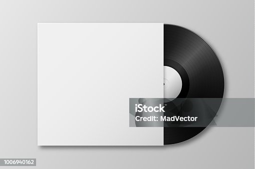 istock Vector realistic 3d music gramophone vinyl LP record with cover icon closeup isolated on white background. Design template of retro long play for advertising, branding, mockup, packaging for graphics. Top view 1006940162