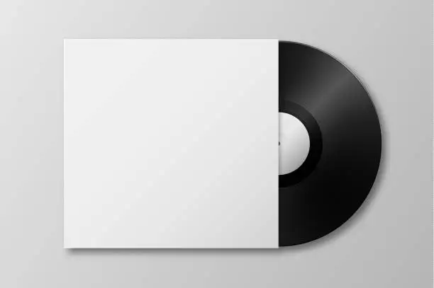 Vector illustration of Vector realistic 3d music gramophone vinyl LP record with cover icon closeup isolated on white background. Design template of retro long play for advertising, branding, mockup, packaging for graphics. Top view