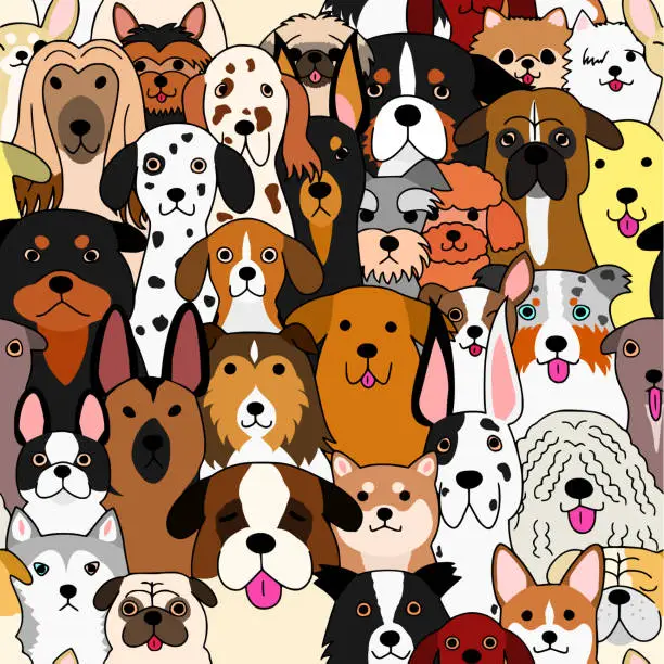 Vector illustration of seamless doodle dogs colorful background