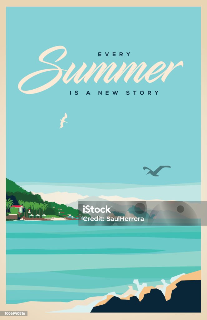Summer Postcard of a quiet summer vacation scene on the sea. Beach stock vector