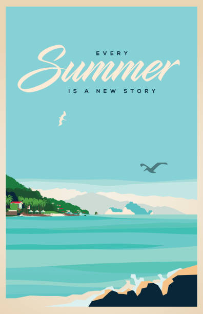 Summer Postcard of a quiet summer vacation scene on the sea. beach illustrations stock illustrations