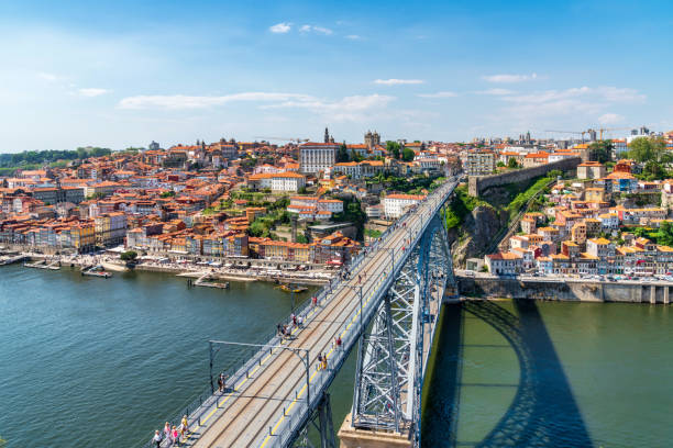 porto, portugal skyline with dom luis bridge - porto portugal bridge international landmark imagens e fotografias de stock