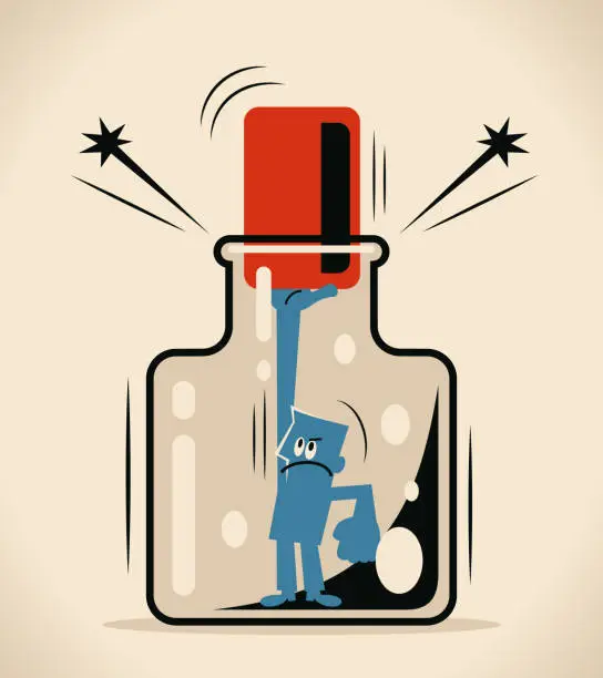 Vector illustration of One man trying to escape from the confined space glass bottle with cork