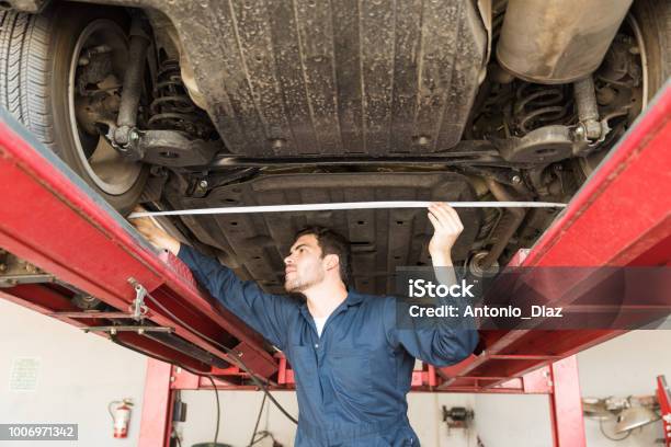 Alignment Check Hand Male Worker Using Tape Measure To Check Wheel Alignment Stock Photo ...