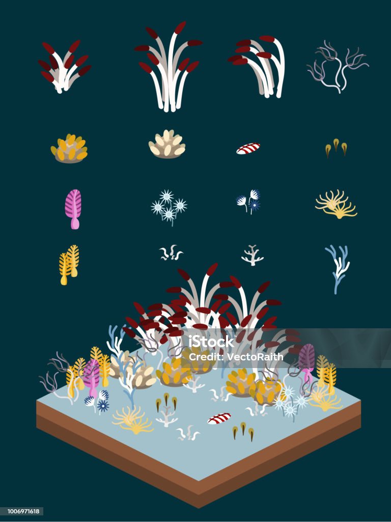 Isometric Pelagic Fauna Set Deep-sea plants-like animals for game-style isometric pelagic seabed scene. Isometric Projection stock vector