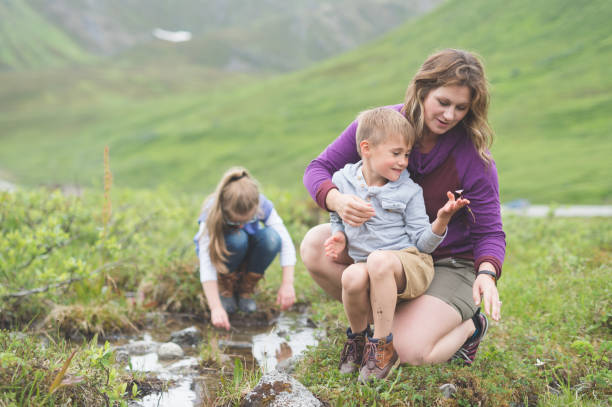 istock Mom plays with her two young children by an Alaskan mountain stream 1006976496