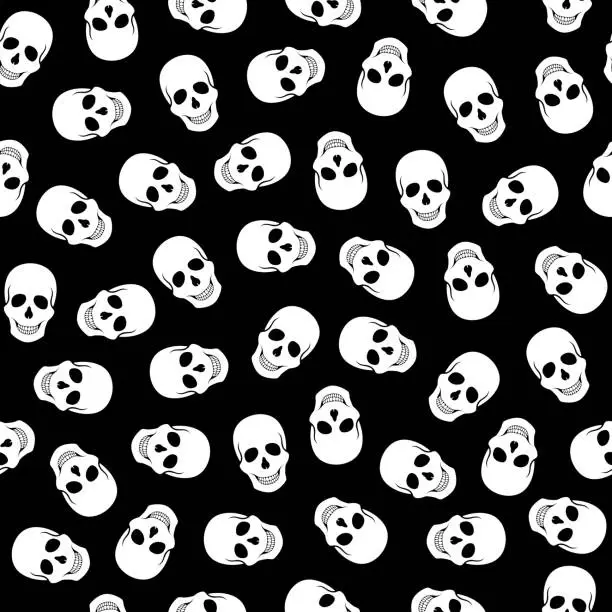 Vector illustration of Seamless pattern white skulls on a black background